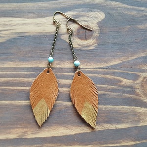 Long Dangle Leather Feather Earrings, Bronze Earrings, Boho Earrings, Leather Leaf Earrings, Bohemian Earrings, Boho Jewelry image 1