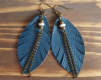 Blue Leather Leaf Earrings / Genuine Leather Earrings / Handmade Jewelry / Bohemian Dangle Earrings / Leather Feather Earrings
