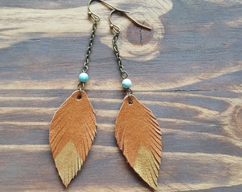 Long Dangle Leather Feather Earrings, Bronze Earrings, Boho Earrings, Leather Leaf Earrings, Bohemian Earrings, Boho Jewelry