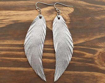 Silver Feather Earrings, Leather Feather Earrings, Boho Earrings, Leather Earrings, Handmade Earrings, Boho Jewelry, Light Weight Earrings