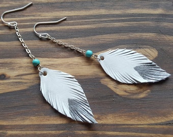 Long Silver Earrings. White Leather Feather Earrings. Turquoise Earrings. Silver Chain Earrings. Simple Silver Earrings. Boho Chic Earrings.