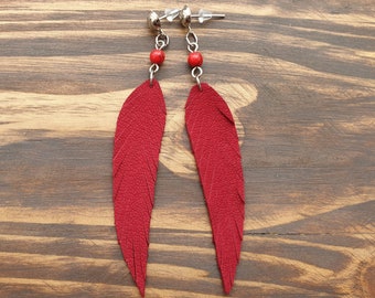 Red Earrings, Leather Feather Earrings, Boho Earrings, Leather Earrings, Lightweight Earrings, Drop Earrings, Red Leather Earrings Handmade