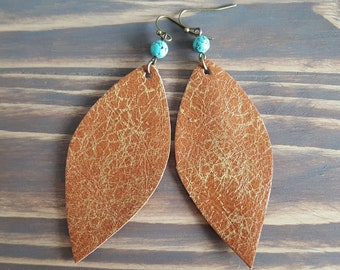 Leather Earrings. Turquoise Leather Earrings. Ginger Leaf Earrings. Bohemian Leather Earrings. Boho Earrings. Leather Jewelry.