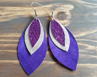 Leather Earrings, Glitter Earrings, Sparkly Earrings, Layered Leather Earrings, Purple Earrings, Leather Jewelry, Boho Earrings Lightweight