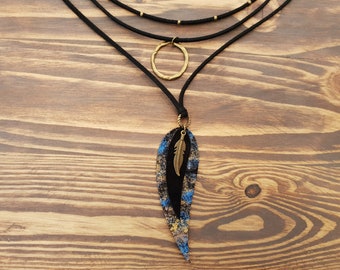 Leather Necklace, Leather Feather Necklace, Boho Jewelry, Boho Necklace, Bohemian Necklace, Black Suede Choker, Feather Pendant, Boho Chic.