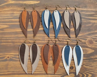 Leather Earrings, Genuine Leather Feather Earrings, Large Dangle Bohemian Earrings, Boho Feather Jewelry, Western Earrings