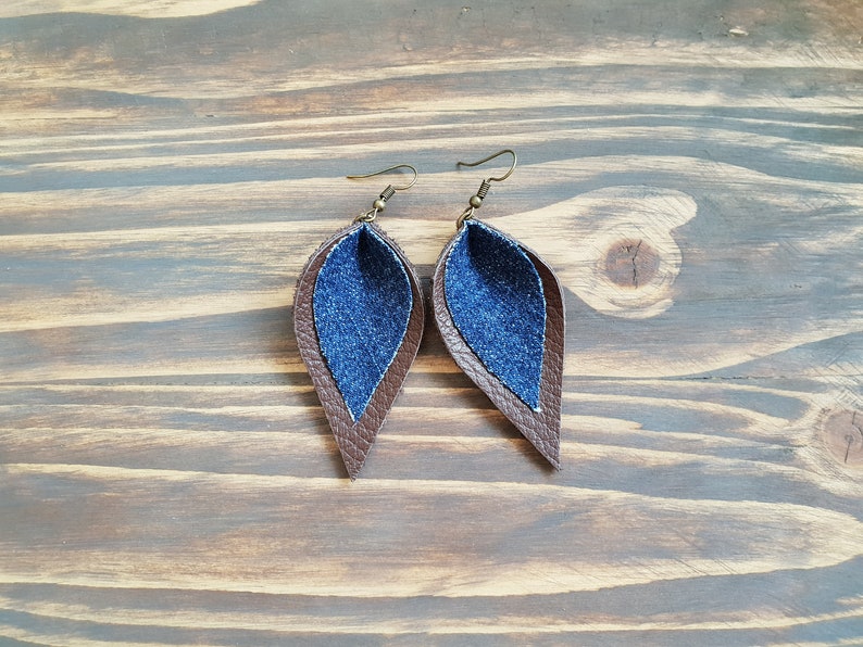 Boho Jewelry Leather Earrings Leather and Denim Earrings Boho Earrings Double Leaf Earrings. Leather Leaf Earrings