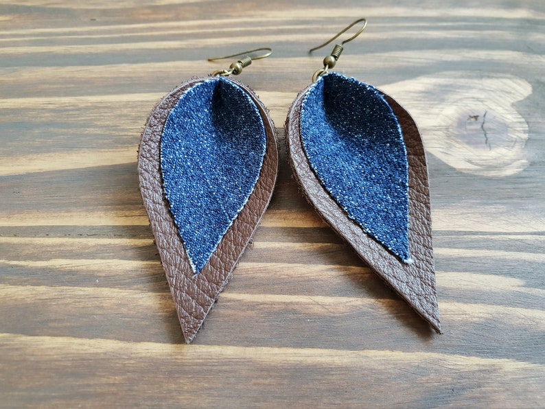 Boho Jewelry Leather Earrings Leather and Denim Earrings Boho Earrings Double Leaf Earrings. Leather Leaf Earrings