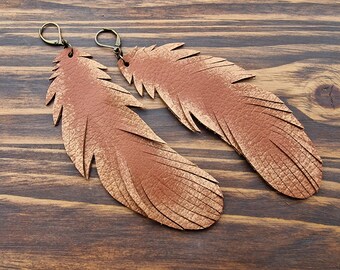 Camel Brown Leather Earrings, Leather Feather Earrings, Boho Feathers, Large Bohemian Earrings, Long Dangle Earrings, Tan Earrings