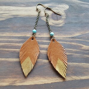 Long Dangle Leather Feather Earrings, Bronze Earrings, Boho Earrings, Leather Leaf Earrings, Bohemian Earrings, Boho Jewelry image 4