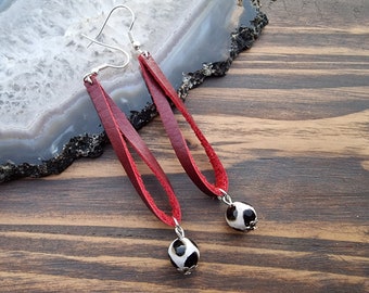 Leather Loop Earrings, Handmade Genuine Leather Earrings, Tibetan Onyx Earrings, Burgundy Red Earrings, Boho Earrings, Long Dangle Earrings