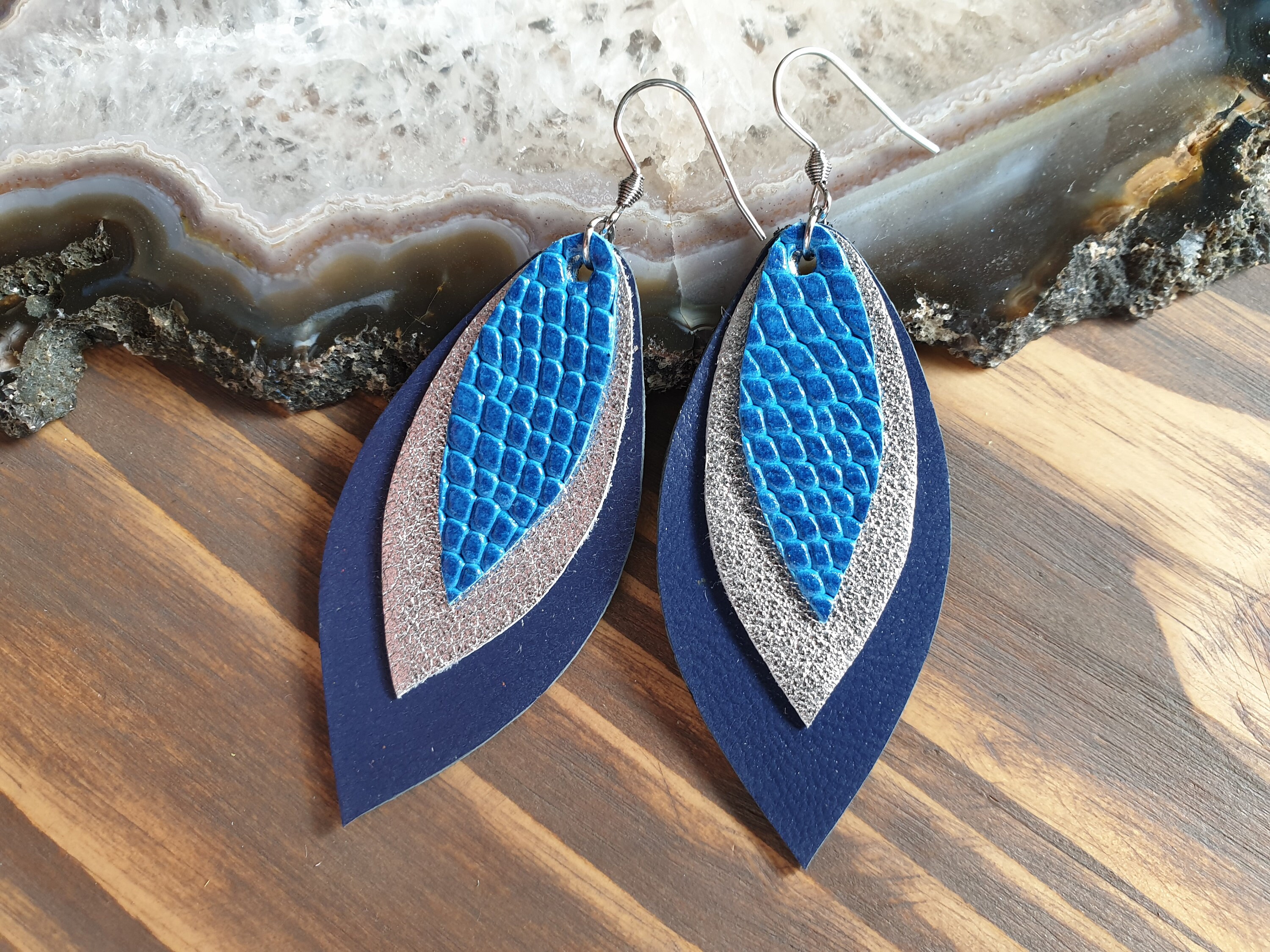 Blue Leather Earrings Layered Leather Earrings Surgical - Etsy