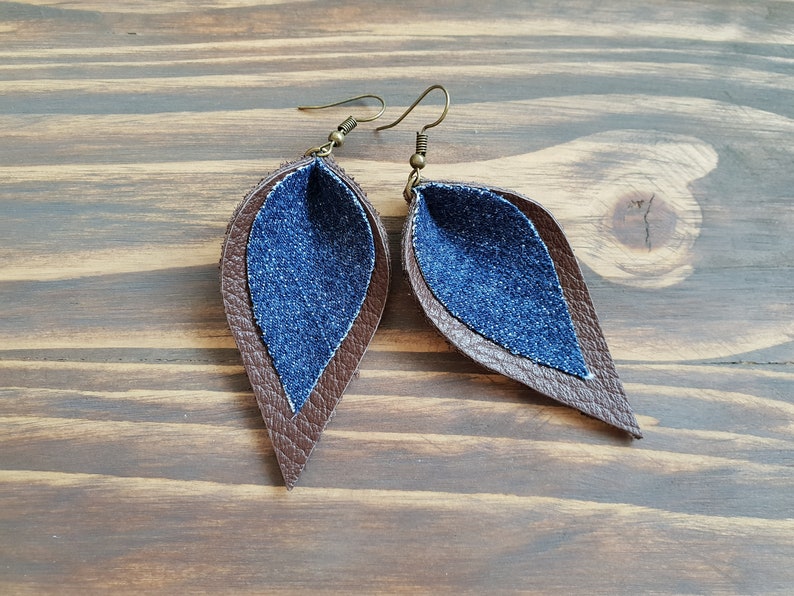 Boho Jewelry Leather Earrings Leather and Denim Earrings Boho Earrings Double Leaf Earrings. Leather Leaf Earrings