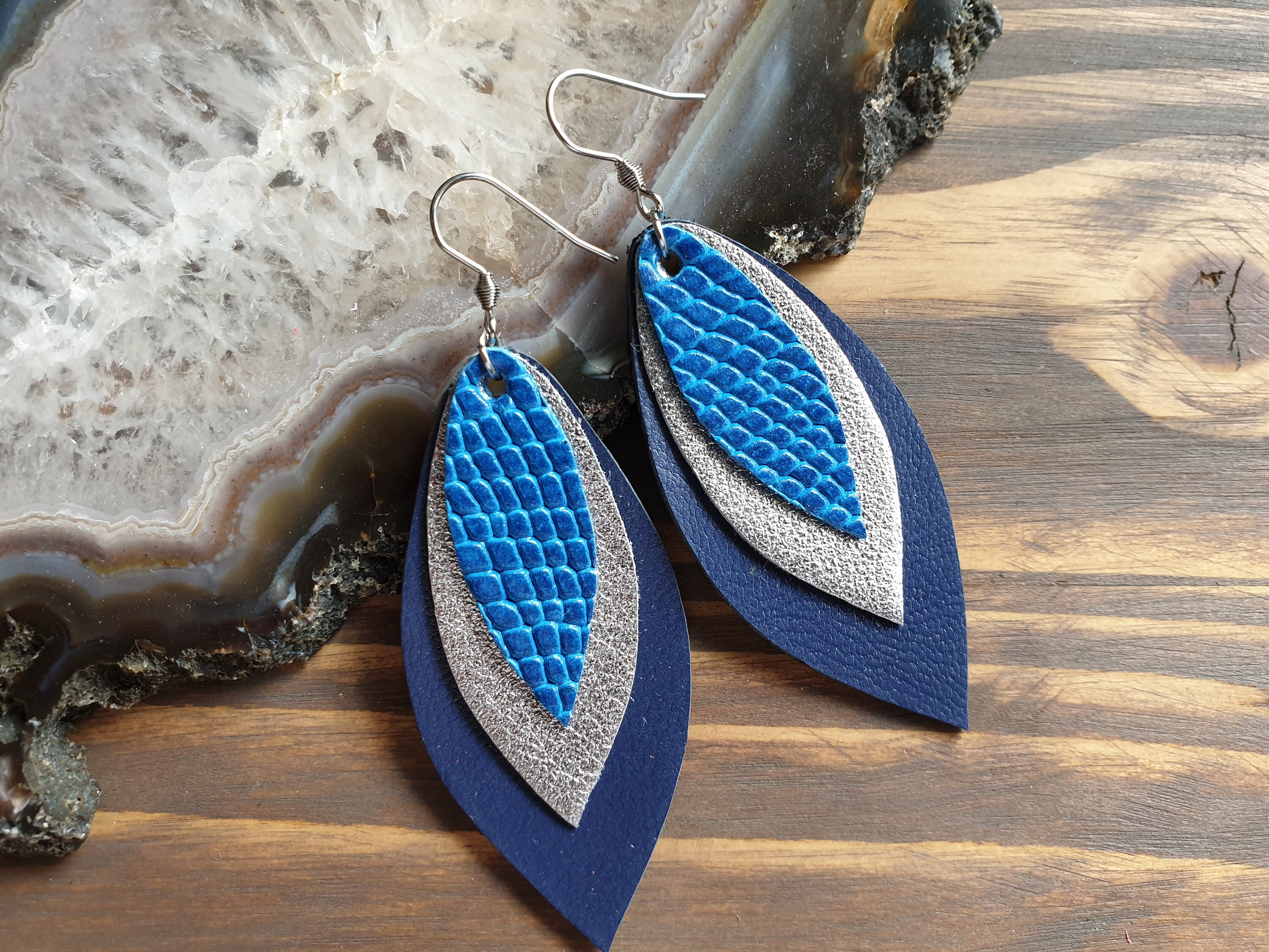 Blue Leather Earrings Layered Leather Earrings Surgical - Etsy