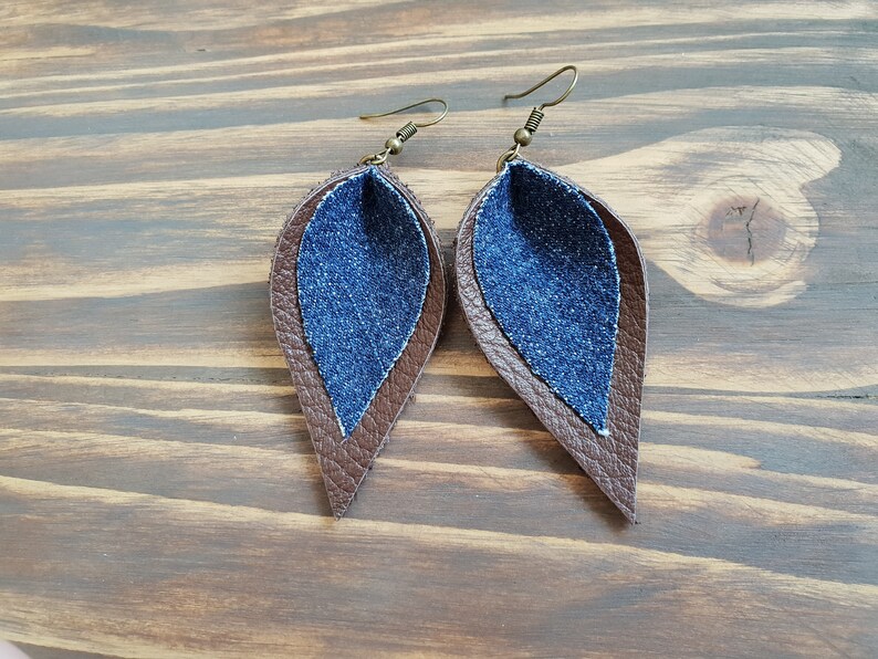 Boho Jewelry Leather Earrings Leather and Denim Earrings Boho Earrings Double Leaf Earrings. Leather Leaf Earrings