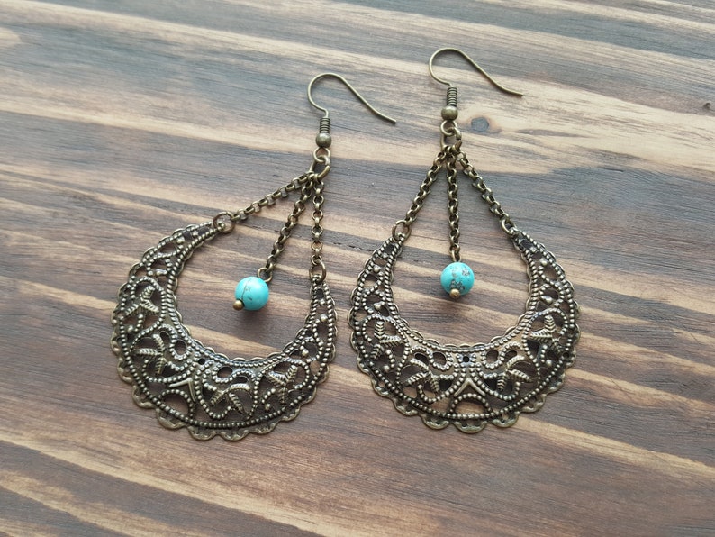 Filigree Earrings Large Boho Earrings Turquoise Earrings Bohemian Earrings Bronze Tribal Earrings Bohemian Jewelry Boho Jewelry.