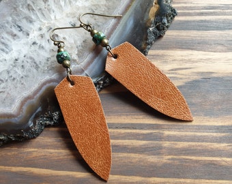 Leather Earrings, Casual Earrings, Boho Earrings, Tan Leather Earrings, Lightweight Earrings, Leather and Turquoise Earrings, Boho Jewelry