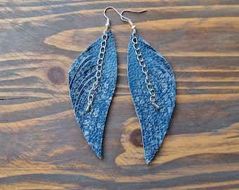 Blue Leather Earrings, Lightweight Earrings, Boho Earrings, Leather Feather Earrings, Bohemian Earrings, Gifts for Her, Blue and Silver