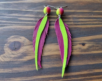 Leather Feather Earrings, Bright Leather Earrings, Boho Earrings, Long Dangle Earrings, Bohemian Earrings, Genuine Leather Jewellery