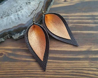 Boho Earrings, Leather Leaf Earrings, Boho Jewelry, Leather Earrings, Boho Earrings, Brown Leather Earrings, Metallic Leather Earrings.