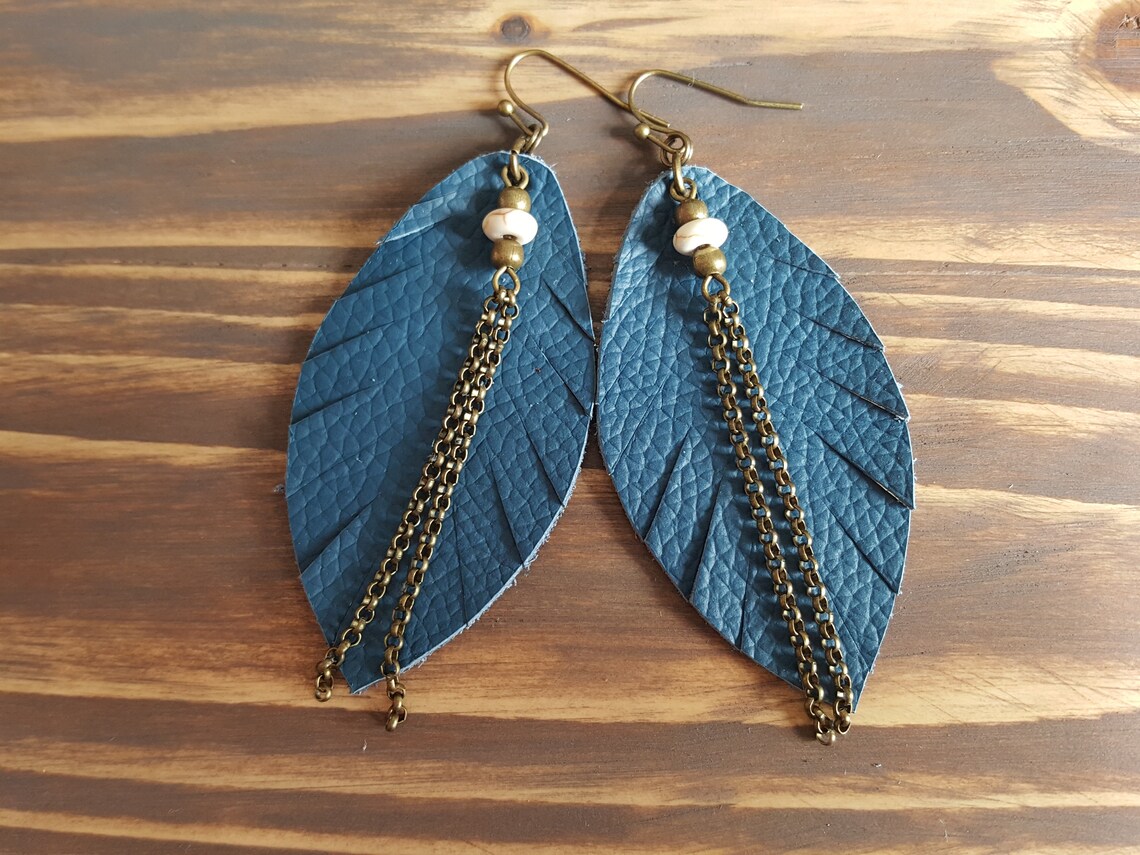 Blue Leather Leaf Earrings / Genuine Leather Earrings / Etsy UK