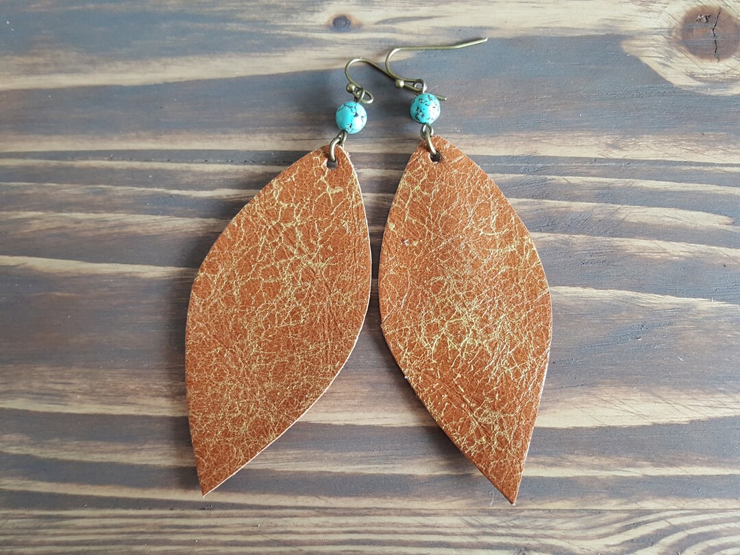 Leather Earrings. Turquoise Leather Earrings. Ginger Leaf - Etsy