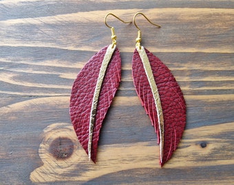 Dark Red Earrings, Leather Feather Earrings, Boho Earrings, Genuine Leather Earrings, Dangle Earrings, Gift for Her, Bohemian Earrings