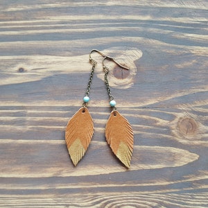 Long Dangle Leather Feather Earrings, Bronze Earrings, Boho Earrings, Leather Leaf Earrings, Bohemian Earrings, Boho Jewelry image 5