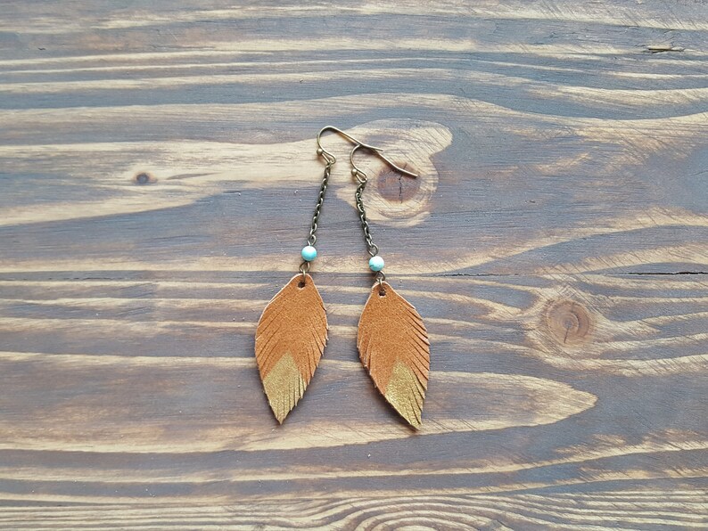 Long Dangle Leather Feather Earrings, Bronze Earrings, Boho Earrings, Leather Leaf Earrings, Bohemian Earrings, Boho Jewelry image 5