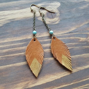 Long Dangle Leather Feather Earrings, Bronze Earrings, Boho Earrings, Leather Leaf Earrings, Bohemian Earrings, Boho Jewelry image 2