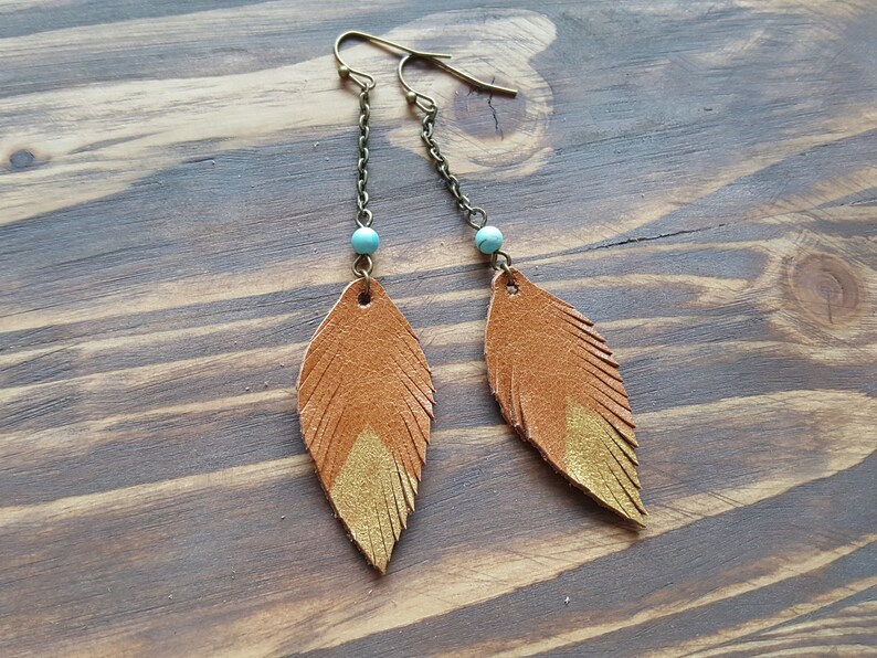 Long Dangle Leather Feather Earrings, Bronze Earrings, Boho Earrings, Leather Leaf Earrings, Bohemian Earrings, Boho Jewelry image 2