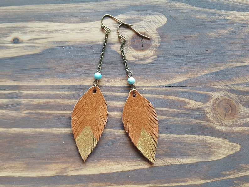 Long Dangle Leather Feather Earrings, Bronze Earrings, Boho Earrings, Leather Leaf Earrings, Bohemian Earrings, Boho Jewelry image 1