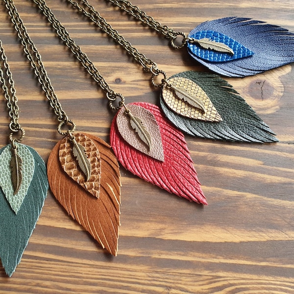 Boho Necklace, Leather Necklace, Bronze Chain Necklace, Leather Feather Necklace, Feather Pendant Necklace, Genuine Leather Necklace