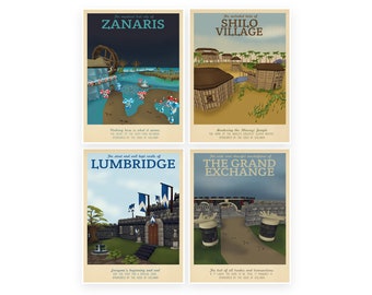 Retro Travel Poster - Runescape - Set of 4 - MANY SIZES - Modern Vintage OSRS Wizard Geek Gamer Gaming Typography Print