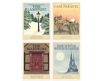 Retro Travel Poster - Narnia - Set of 4 - MANY SIZES - Modern Vintage Lion Witch Wardrobe Fantasy Castle Geek Film Typography Print