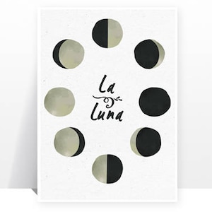 Impresión de las fases lunares de La Luna - Boho, espiritual, lunar, gitano, eclipse, diseño vintage moderno