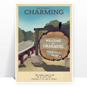 Retro Travel Poster - Sons of Anarchy - Charming - MANY SIZES - Modern Vintage Harley Davidson Motorbike Crow Teller SOA Typography Print