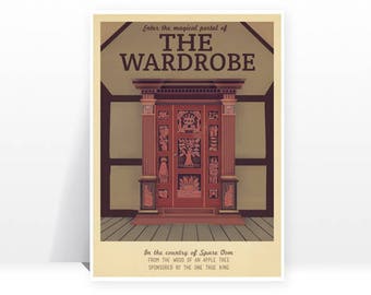 Rétro Travel Poster - Narnia - The Wardrobe - MANY SIZES - Modern vintage Lion Witch Wardrobe Fantasy Castle Geek Film Typography Print