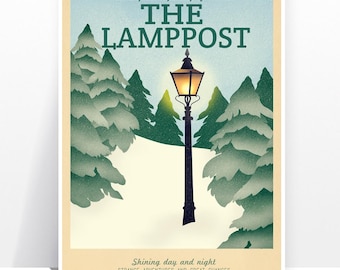 Retro Travel Poster - Narnia - The Lamppost - MANY SIZES - Modern Vintage Lion Witch Wardrobe Fantasy Castle Geek Film Typography Print
