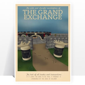 Póster de viaje retro - Runescape - The Grand Exchange - MUCHOS TAMAÑOS - Impresión tipográfica de juegos OSRS Wizard Geek Gamer de estilo vintage moderno