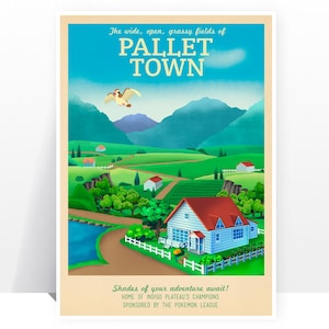 Retro Reiseposter - Pokemon - Pallet Town - VIELE GRÖSSEN - Moderner Vintage Kanto Anime Geek Gamer Gaming Typografie Druck