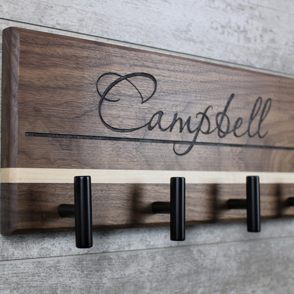 Walnut and Maple Key Rack, Key Rack, Key Holder, Umbrella Hooks, Coat Rack, Housewarming Gift, Realtor Gift, Home decor, Last Name Sign