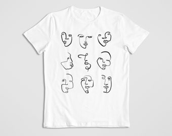 Kunst tekening gezichten shirt, abstracte kunst op Tshirt, lijn art tshirt, esthetische kunst shirt, lijn tekening shirt, trendy wit tshirt, minimalistisch T-shirt