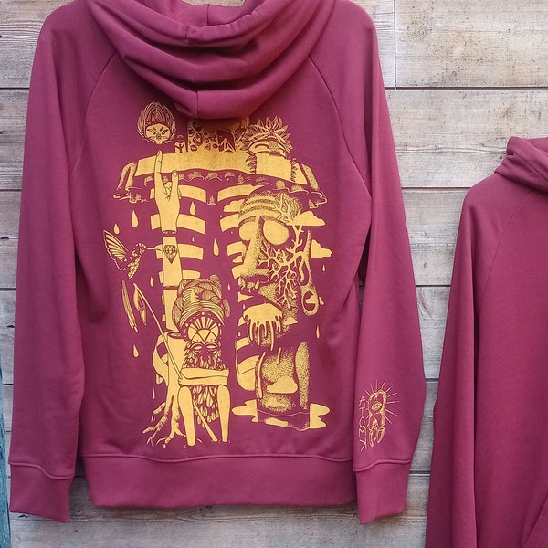 Sweat, capuche, sérigraphie, artisanal, homme, femme, bio équitable, hoodie, illustration, dessin, hello tiki, rouge burgundy, jaune