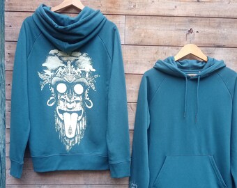 Sweat capuche sérigraphie, homme, femme, bio, équitable, organic, sweat, hoodie, illustration, singe, bleu pétrole, encre blanche