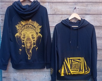 Sweat sérigraphie, artisanal, homme, musique, festival, techno, india, trance, bio équitable, hoodie, capuche, poche, éléphant, noir, jaune