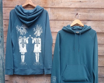 Sweat sérigraphie, artisanal, homme, musique, festival, bio équitable, hoodie, capuche, shining, jumelles, bleu pétrole, encre blanche