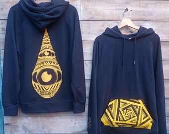 Sweat sérigraphie, mixte, musique, festival, techno, india, lsd, trance, bio équitable, hoodie, capuche, poche, goutte, noir, jaune