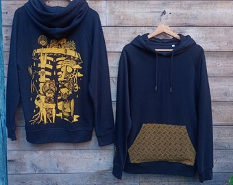 Sweat sérigraphie, artisanal, homme, musique, festival, techno, india, trance, bio équitable, hoodie, capuche, poche, tiki, noir, jaune