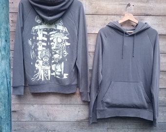 Sweat, épais, doux, techno, capuche, sérigraphie, homme, femme, bio, équitable, organic, hoodie, illustration, tiki, gris anthracite, blanc